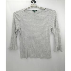 Women's Lauren by Ralph Lauren Blouse Shirt Gray Stripe 3/4 Bell Sleeves XL